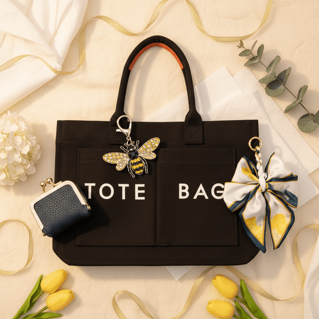 "Curated gift bundle featuring a bee keychain, silk bow bag charm, navy coin purse and black tote bag — GrinSquid accessories gift sets"