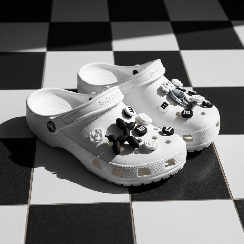 "Monochrome Jibbitz shoe charms including black balloon dog, KAWS-style figure, white roses and M&M discs displayed on white Crocs — GrinSquid Jibbitz and lanyards collection"