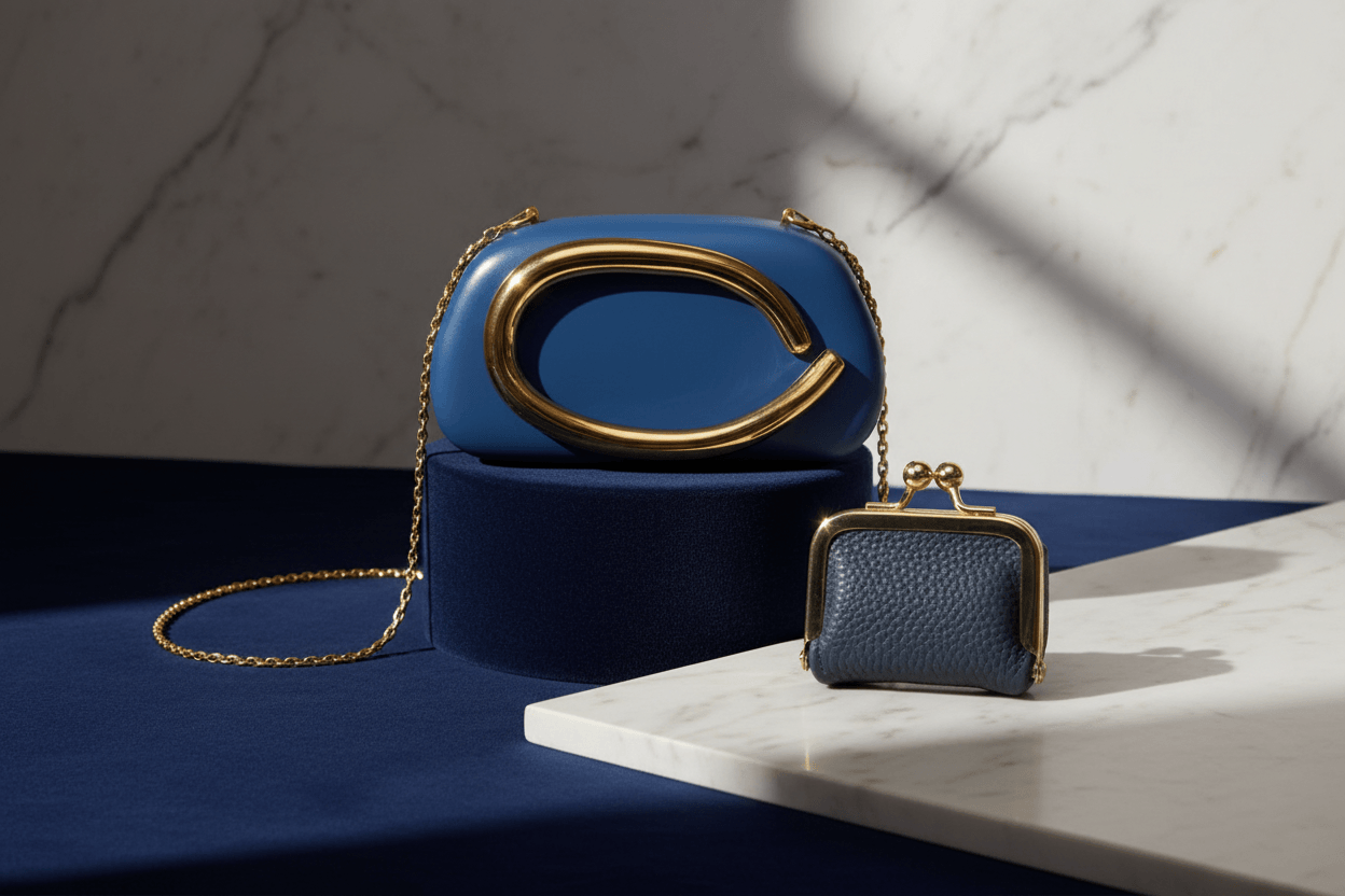 "Blue mini crossbody bag and navy coin purse with gold hardware — GrinSquid mini bags and coin purses collection"