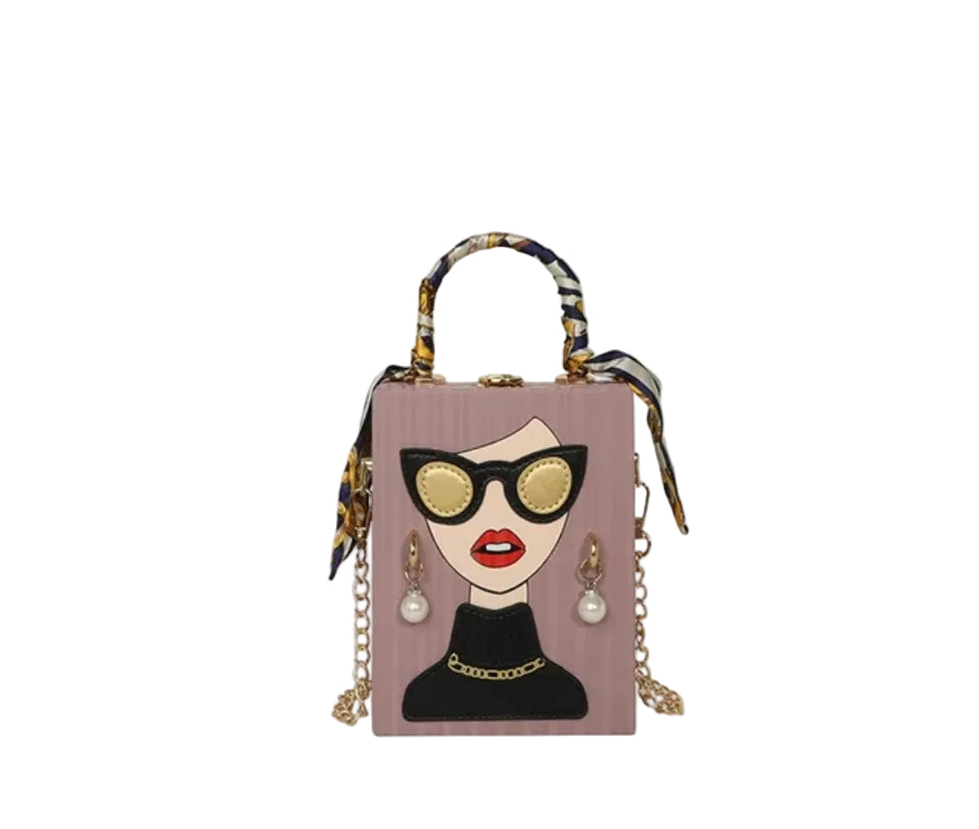 Handbag with a face design featuring sunglasses and earrings on a white background