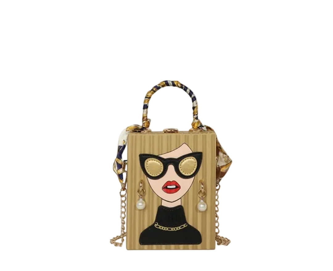 Handbag with a portrait design of a woman wearing glasses and red lipstick on a white background