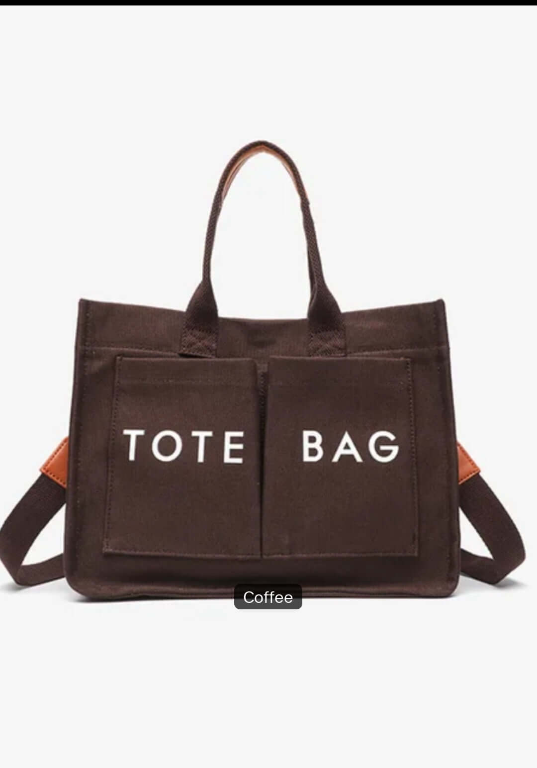 Brown tote bag with 'TOTE BAG' text on a white background