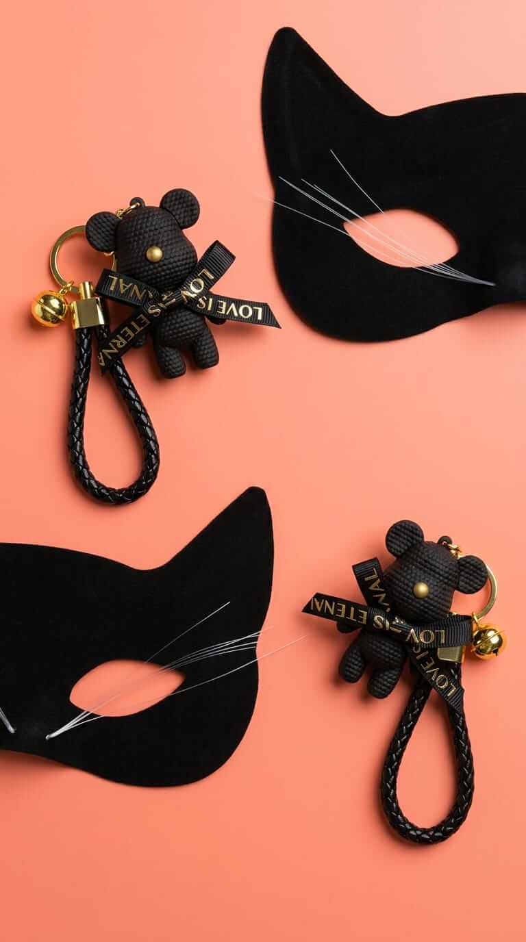 Kosi teddy bear charm shown in black, pink and brown