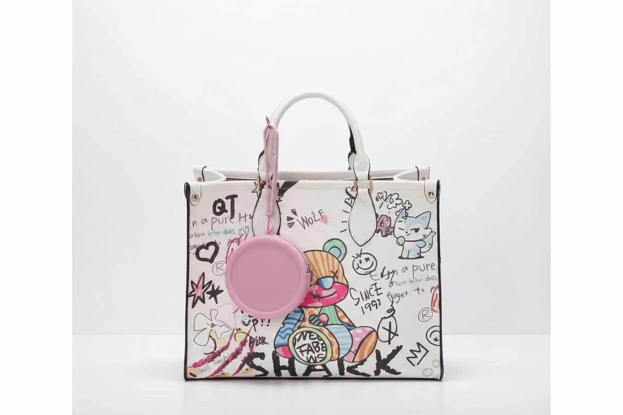 Pink coin purse dangling from graffiti tote bag