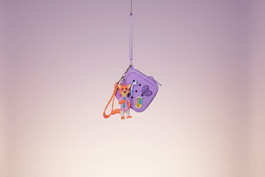 Small figurine with a purple backpack on a gradient background
