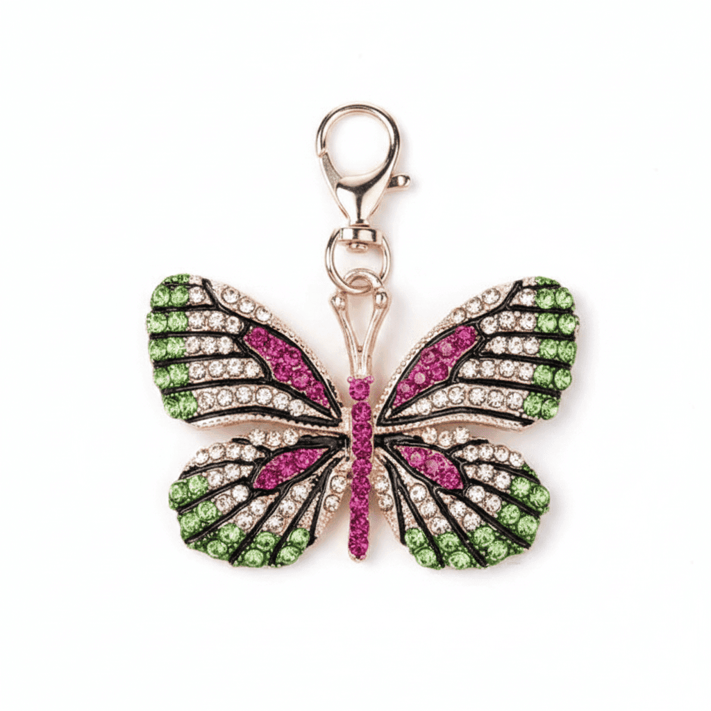 A rhinestone butterfly charm in pink or green