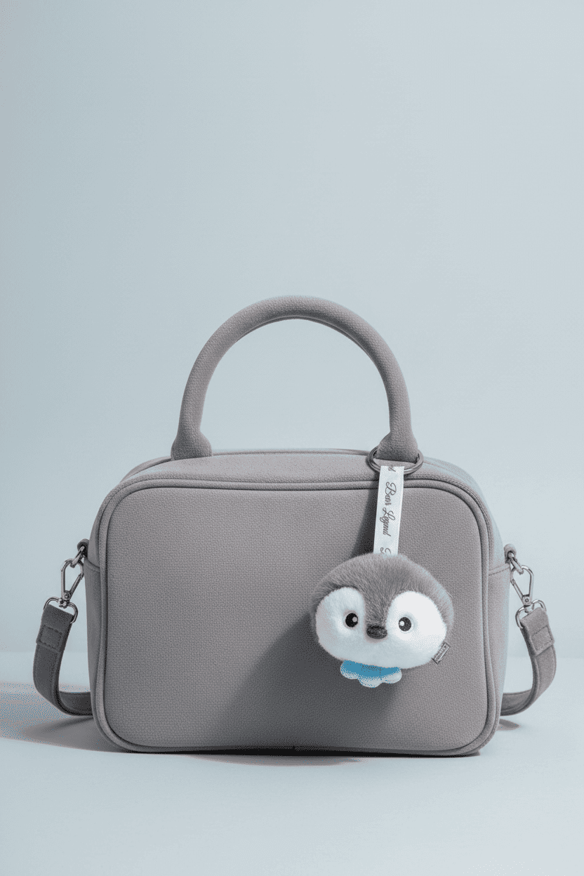 GrinSquid Nneka grey and white penguin plush bag charm with blue bow clipped to a grey structured crossbody bag via a branded ribbon strap