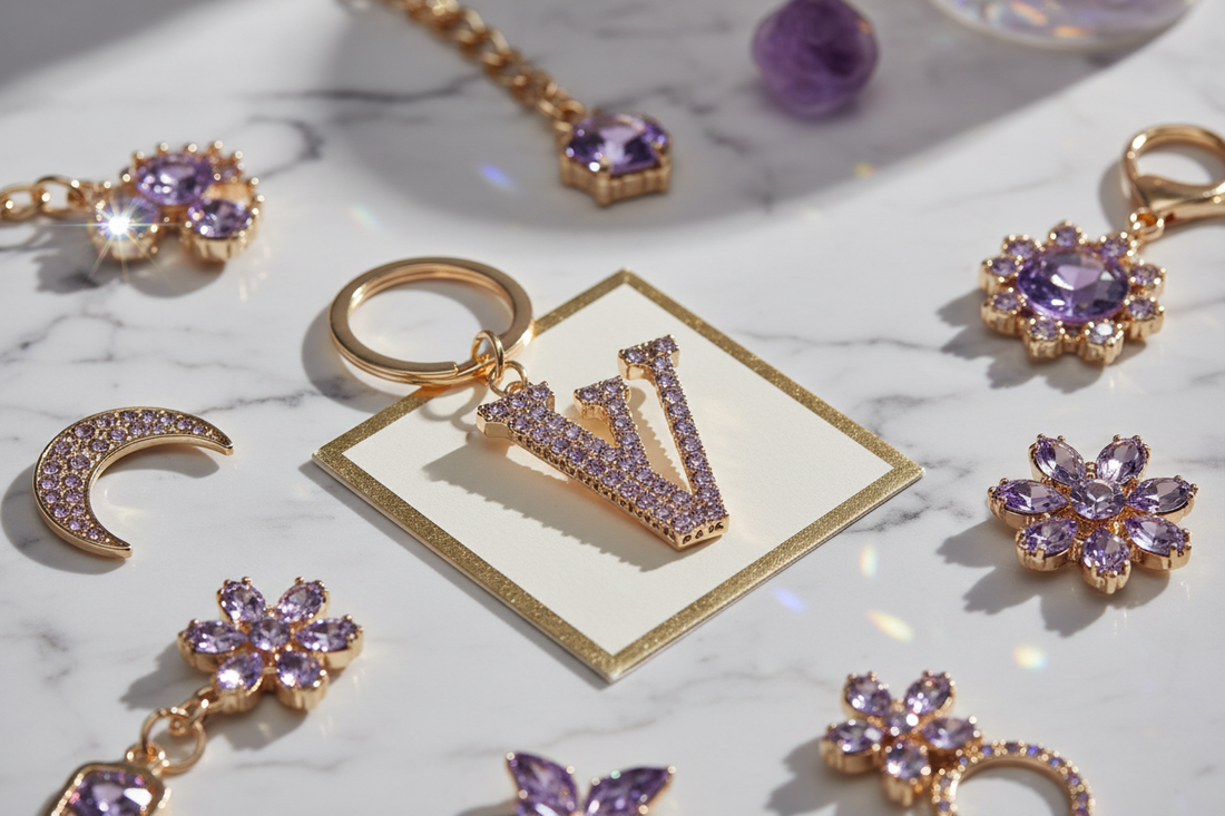 Crystal Chic gem and crystal keychain accessories editorial flat lay on white marble with gold details | GrinSquid