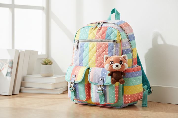 Colourful school rucksack with a small plush bear charm attached to the front zip