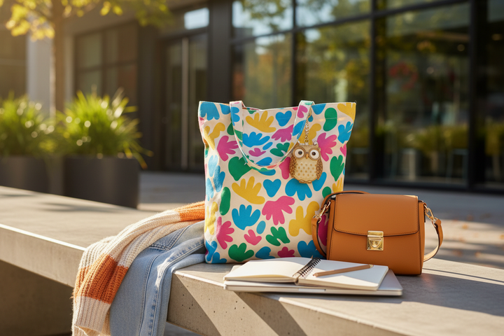Colourful canvas tote and small crossbody bag with notebooks outside a university building