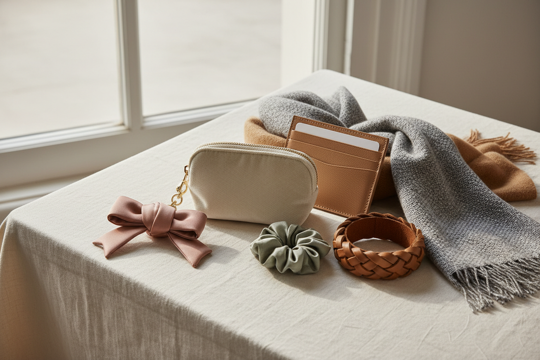 Soft Luxe Collector accessories flat lay tonal ivory and blush bag charms and coin purses on linen | GrinSquid