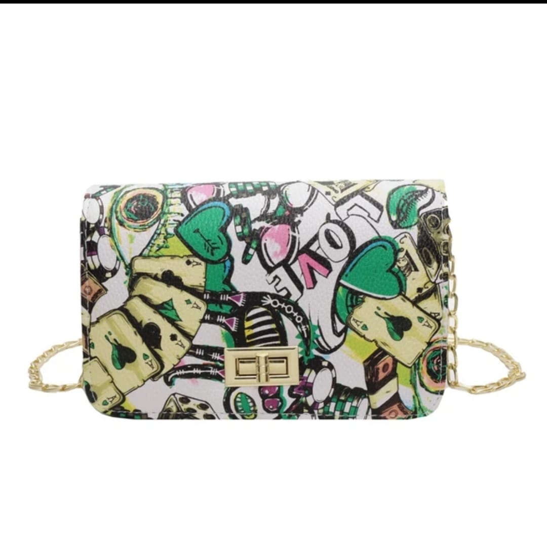 Patterned handbag with colorful design on a white background
