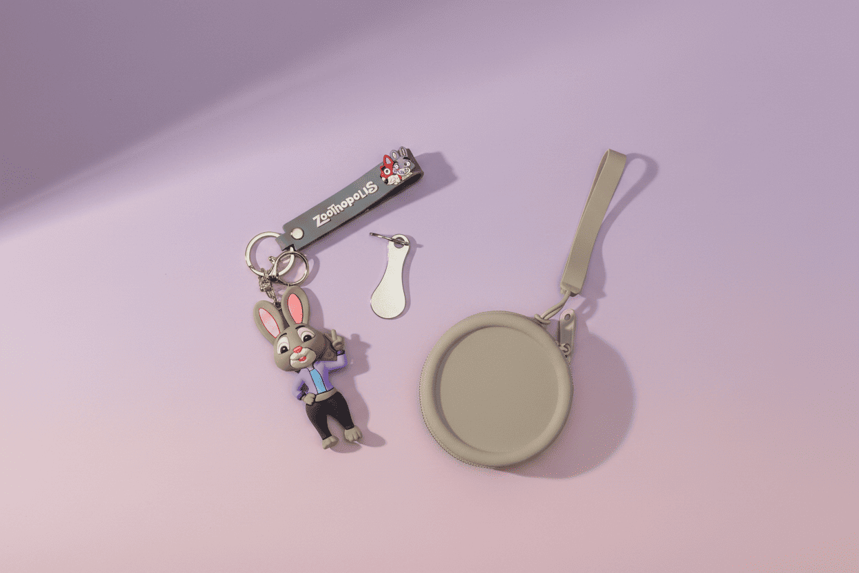 Keychain with rabbit figure, small round pouch, and nail clipper on a pink background