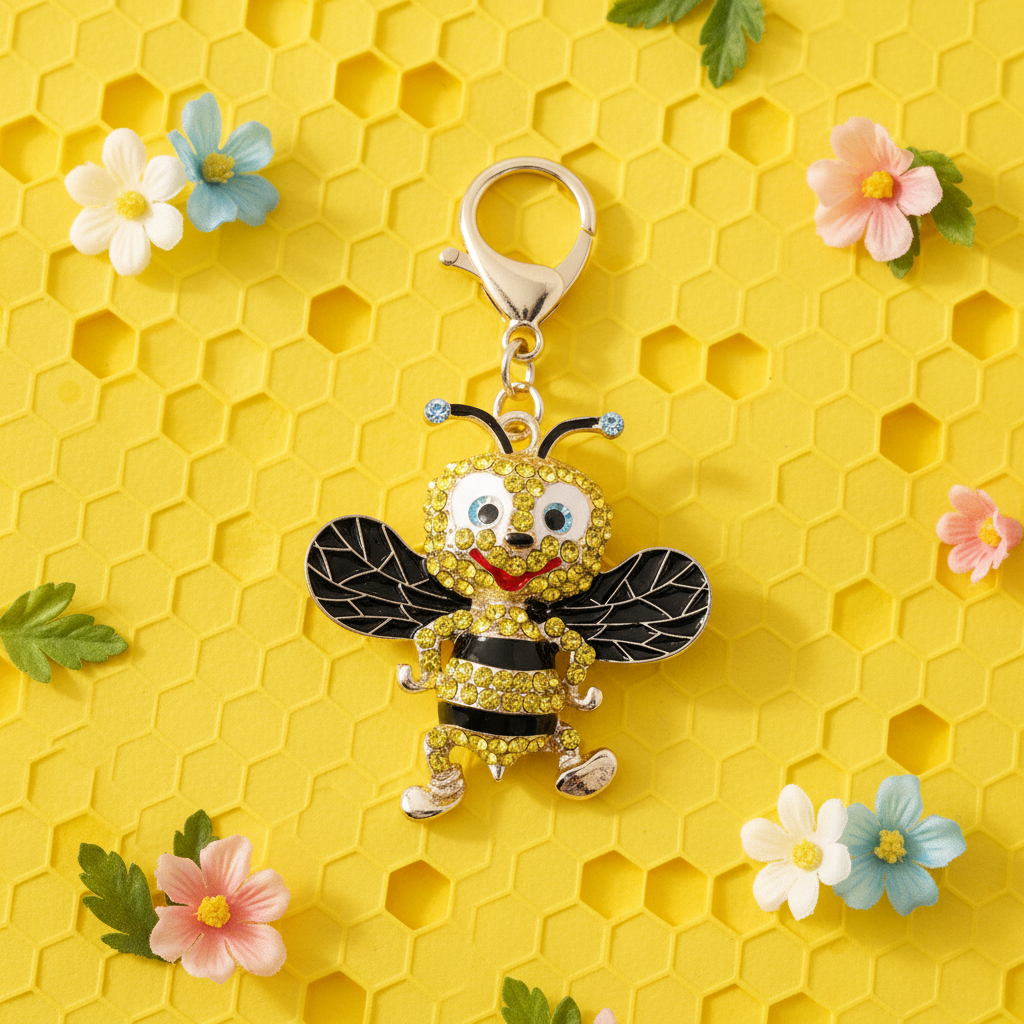 A rhinestone bumble bee charm with enamel wings