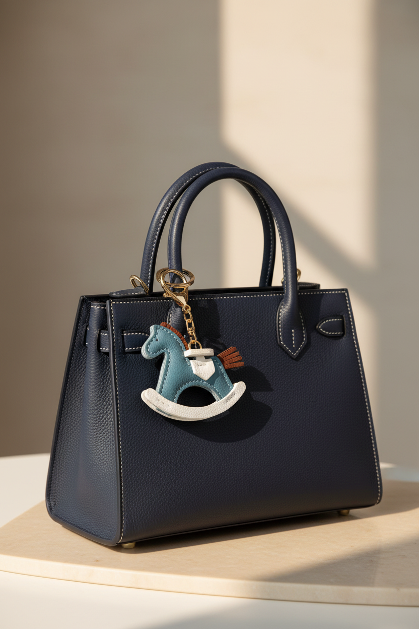 Blue Rocking Horse Keychain on Navy Blue Bag