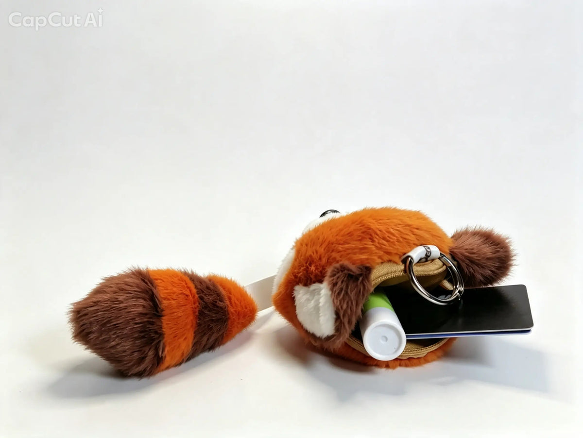 A plush raccoon keychain pouch in orange, brown, and white faux fur, shown open with a black smartphone and white cylindrical item inside. The pouch has a metal key ring and is photographed on a clean white background.