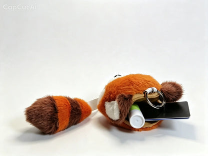 A plush raccoon keychain pouch in orange, brown, and white faux fur, shown open with a black smartphone and white cylindrical item inside. The pouch has a metal key ring and is photographed on a clean white background.