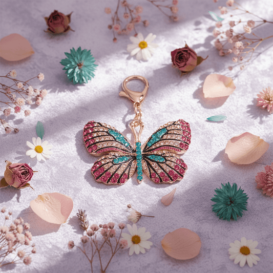A rhinestone butterfly charm in pink or green