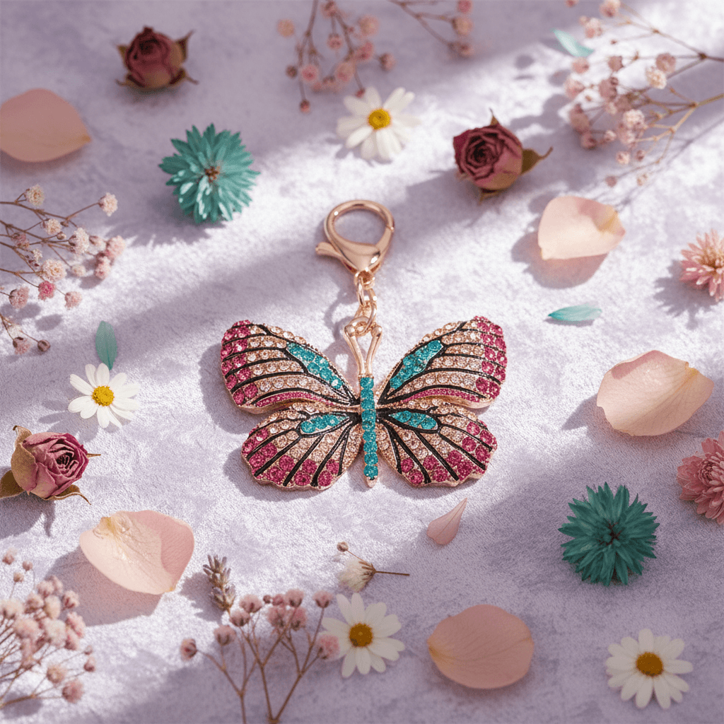 A rhinestone butterfly charm in pink or green