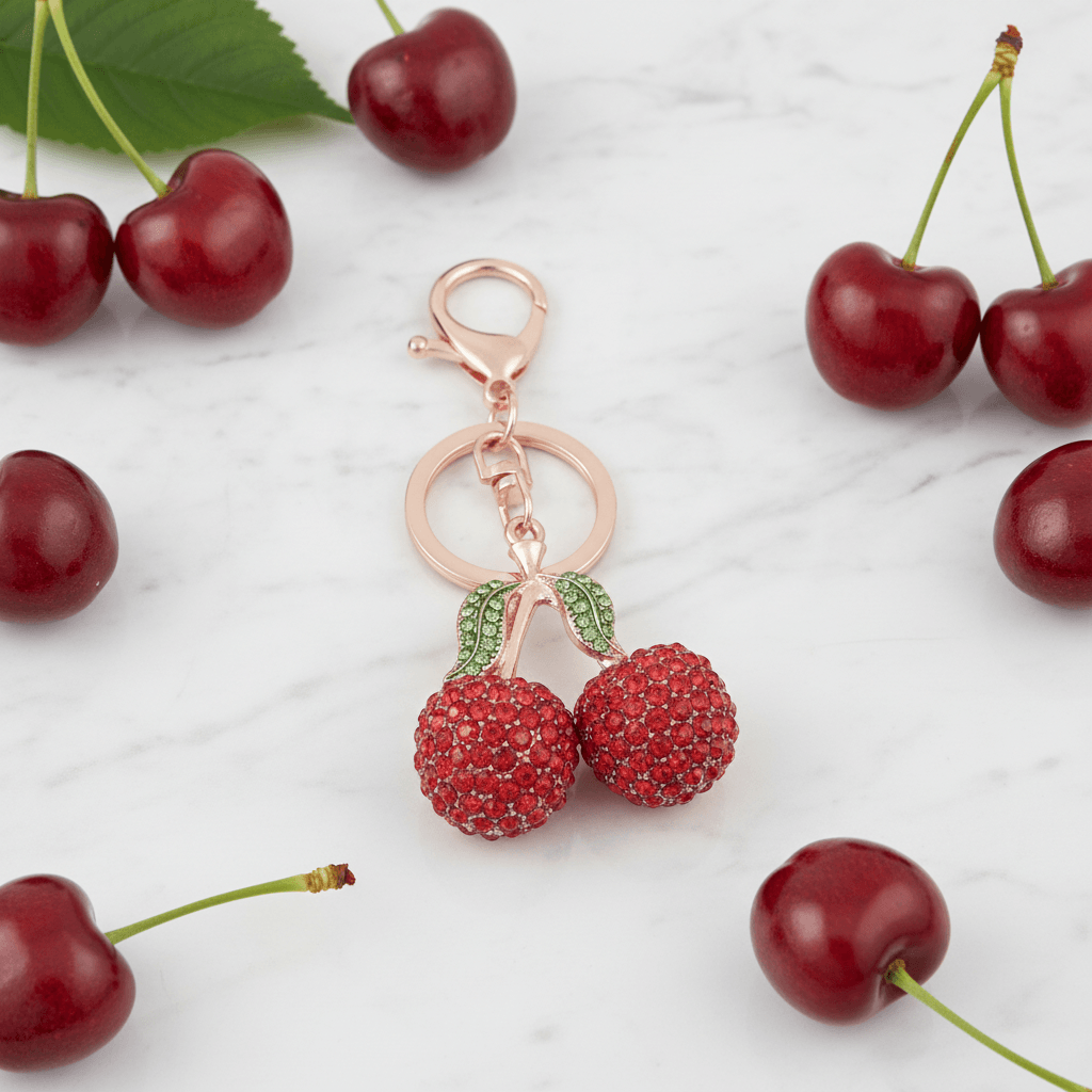 Two rhinestone cherries on a gold-tone stem