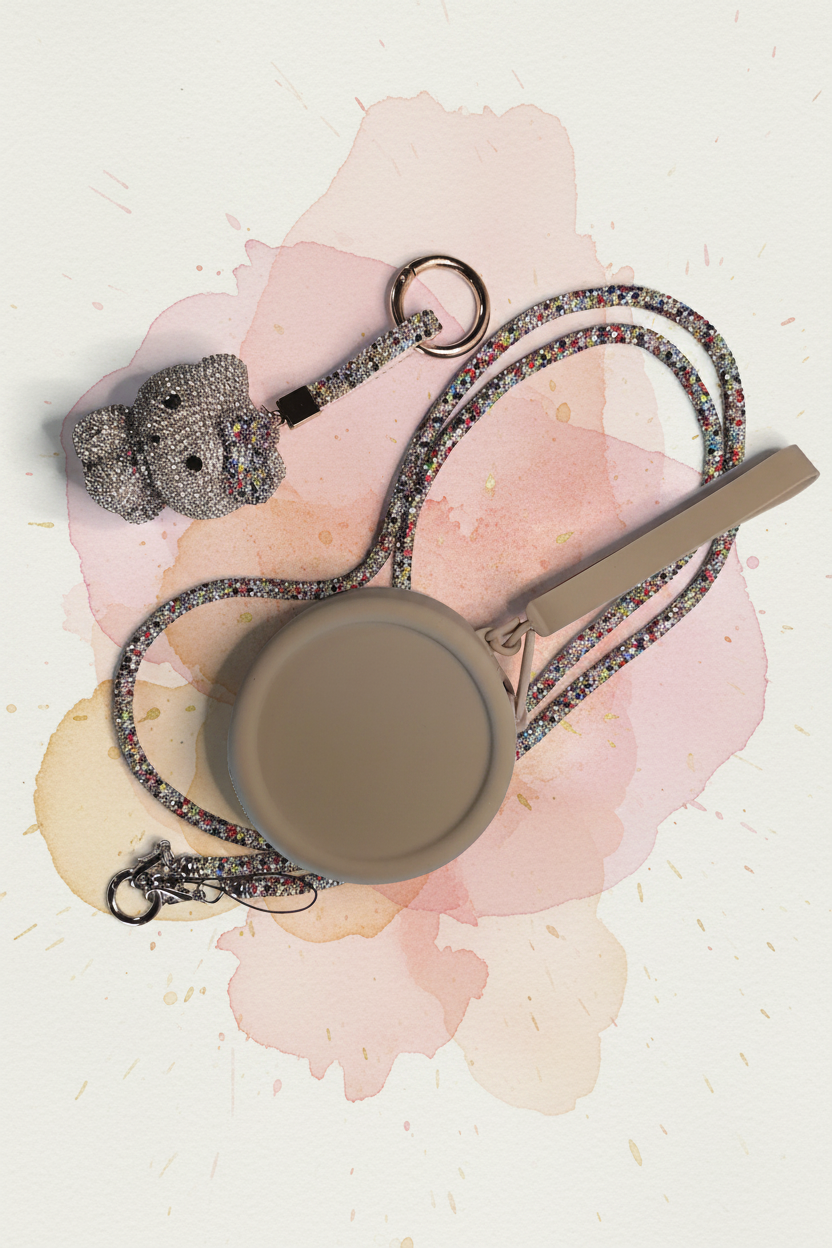 Crystal cat charm, cream coin purse and rhinestone lanyard on painted background