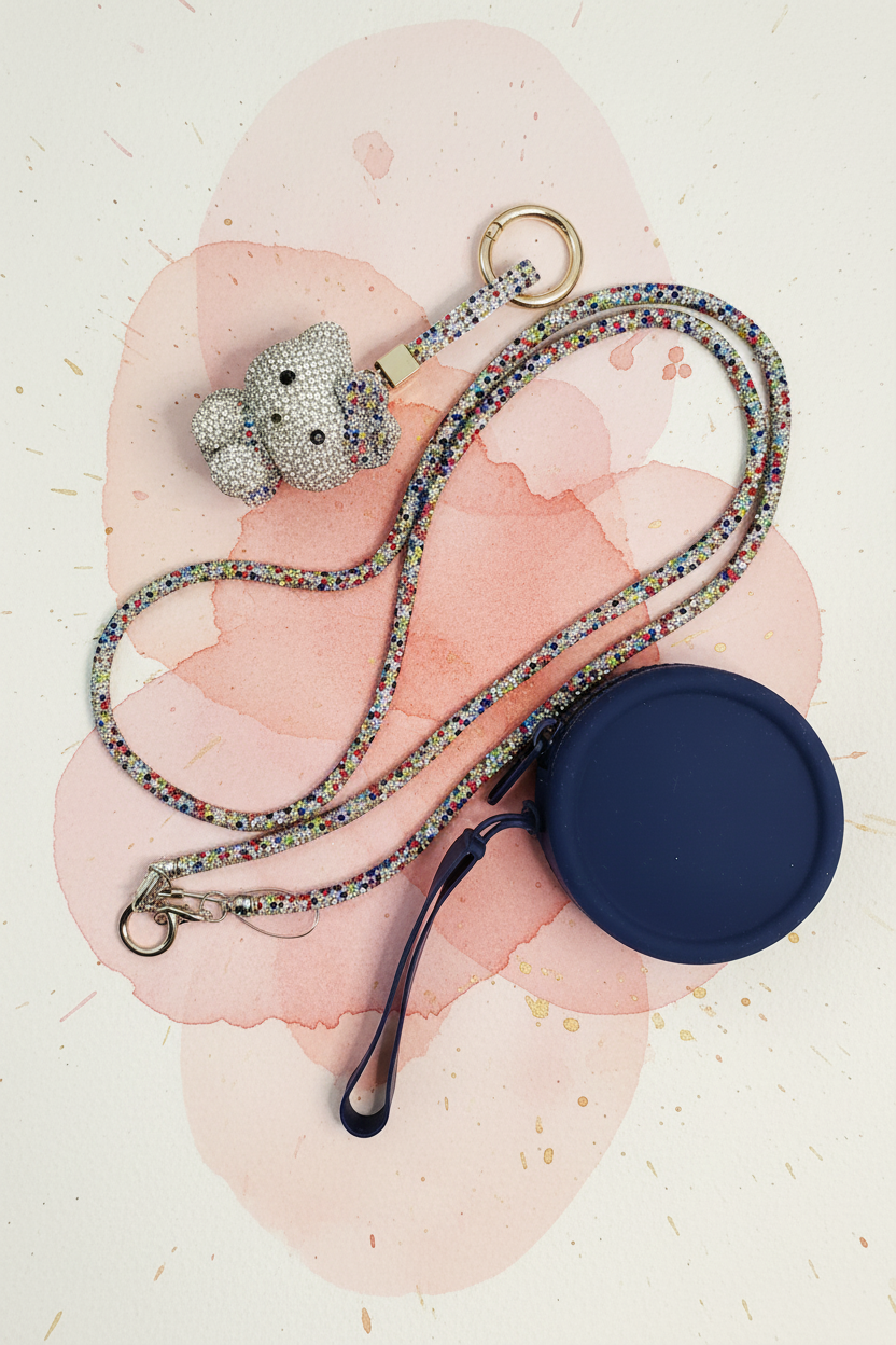 Crystal cat charm, rhinestone lanyard and navy coin purse on painted background
