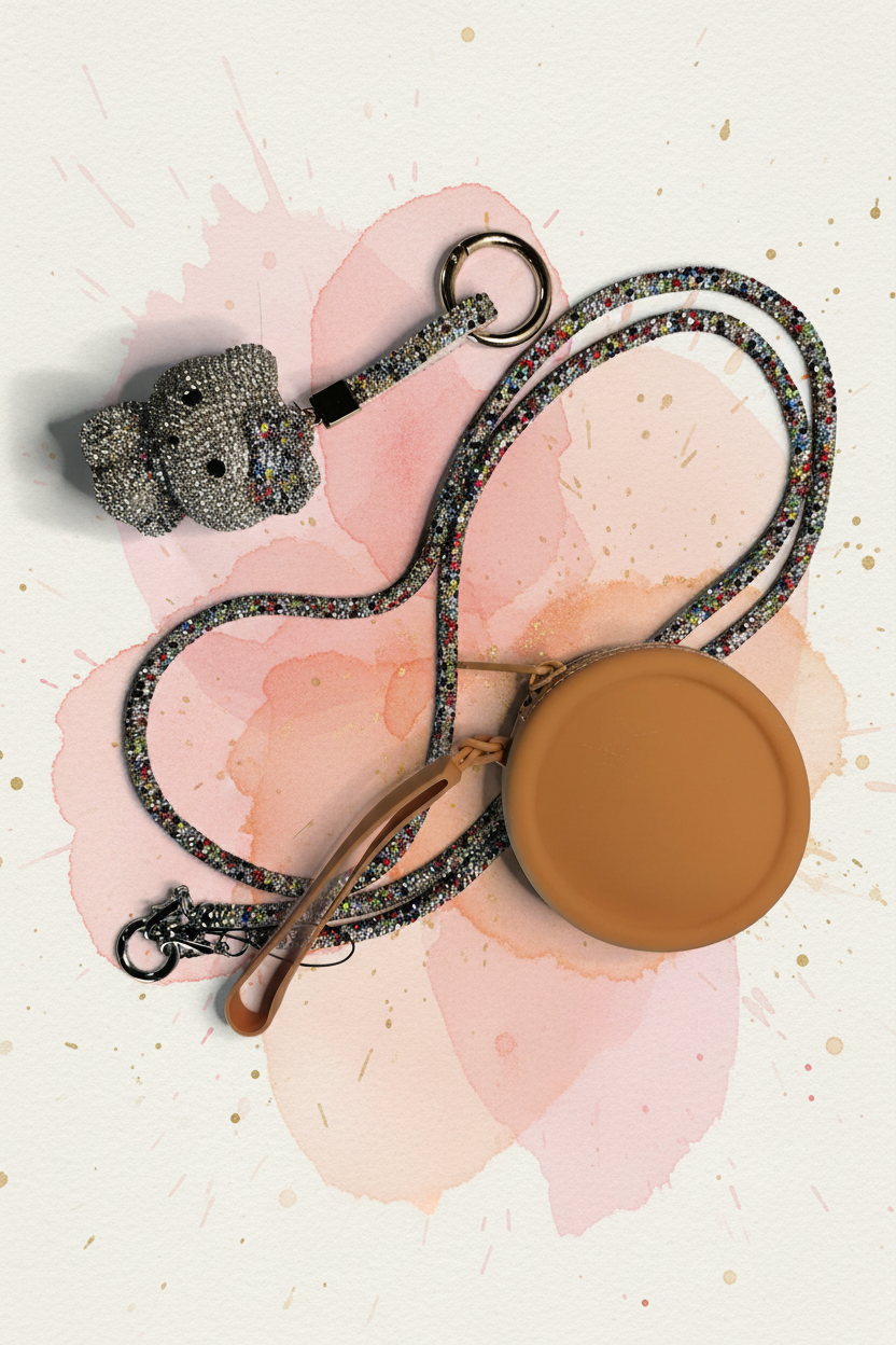Crystal cat charm, tan coin purse and rhinestone lanyard on painted background