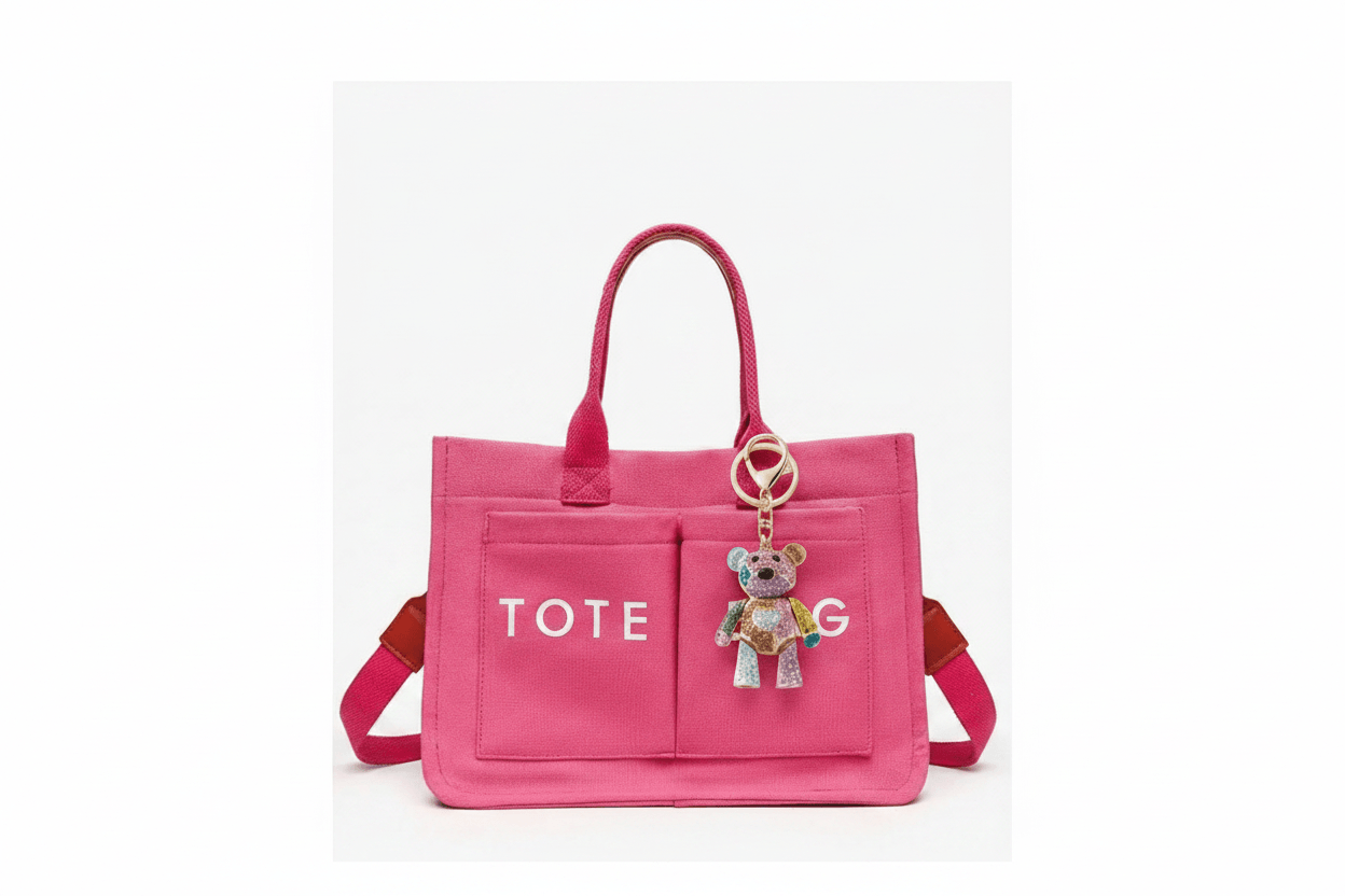 Crystal teddy bear keychain naturally hanging from pink tote bag handle