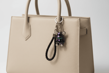 Dark Iridescent Bear Keychain on Bag