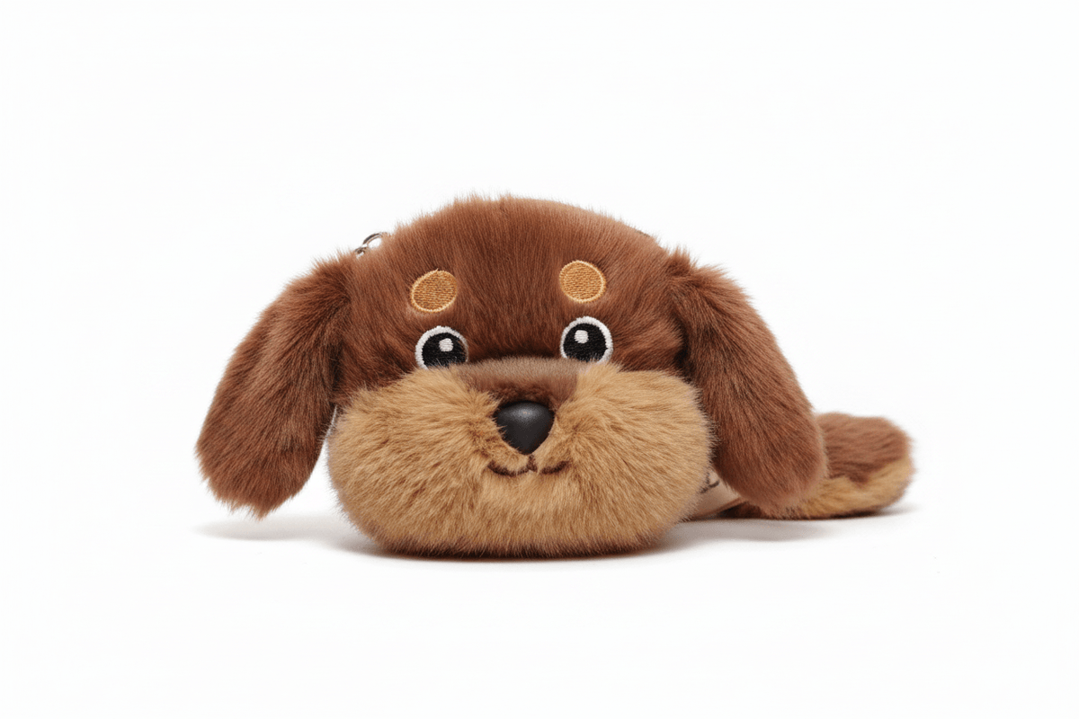 Nneka dark brown dog plush charm clipped to a black backpack strap
Nneka dark brown dog plush charm and coin purse, front view, 11cm