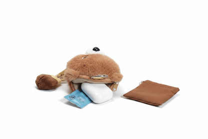 Nneka plush coin purse open with card, earbuds case and pouch