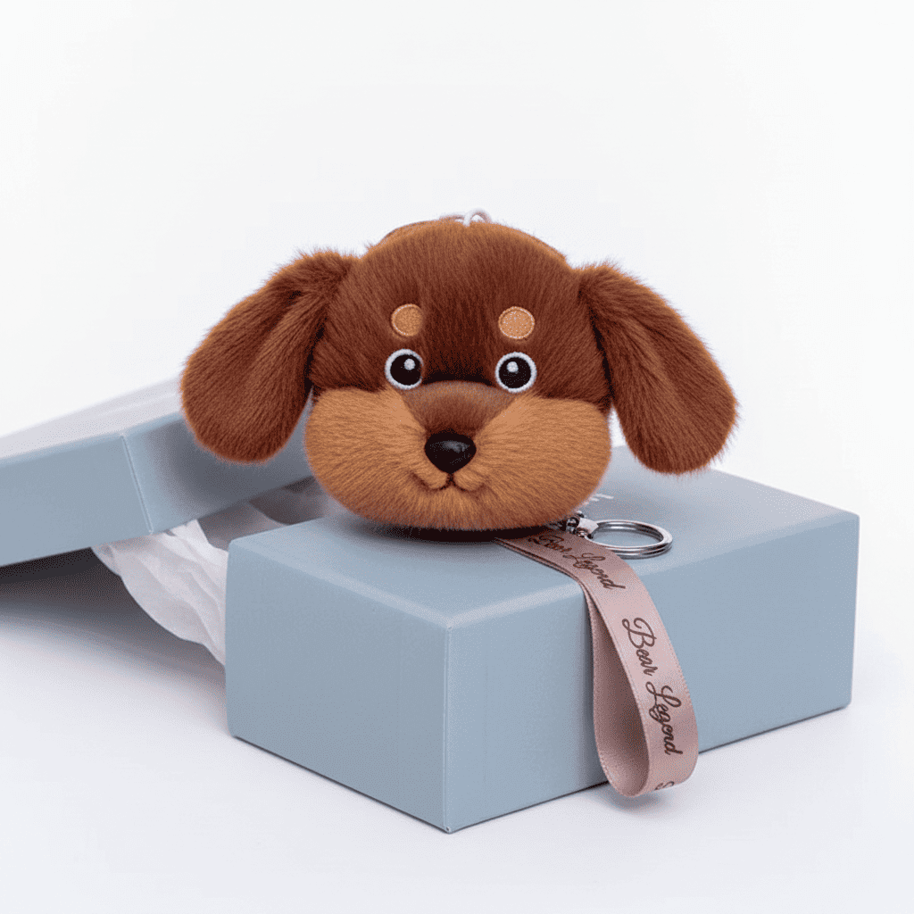 Nneka brown dog plush charm on a pale blue gift box