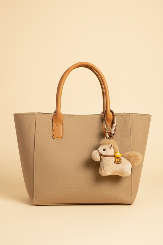 Fluffy Horse Keychain on Light Brown Boat Bag
