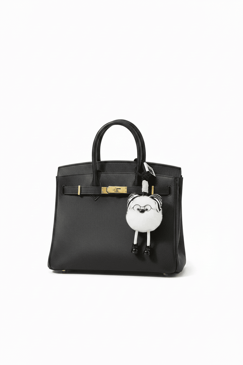 Fluffy Zebra Pom Pom Keychain on Black Birkin Bag - White Background