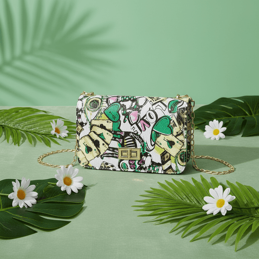 Green Graffiti Bag in green with clip