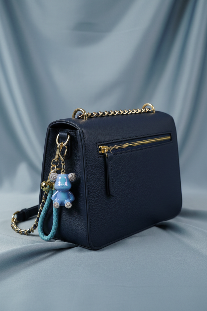 Holographic Bear Keychain on Navy Blue Crossbody Bag