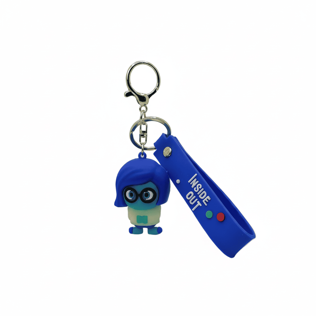 Keychain with character and blue clip labeled 'Inside Out' on a white background