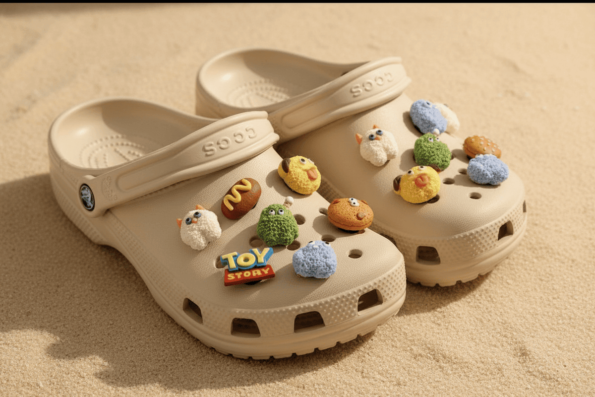 Kawaii shoe charms shown on beige clogs
