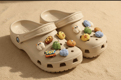 Kawaii shoe charms shown on beige clogs