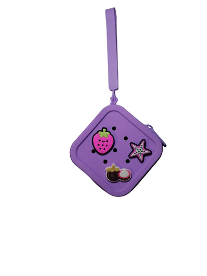 Purple square-shaped pouch with decorative patches on a white background