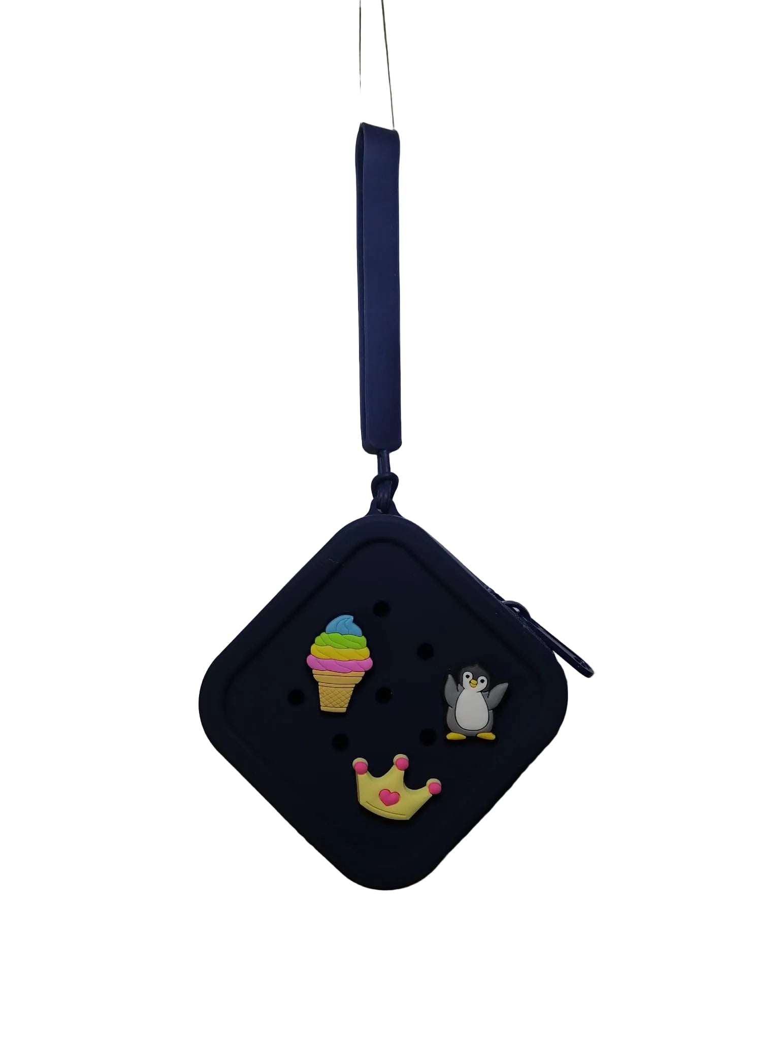 Black square pouch with colorful decorations on a white surface