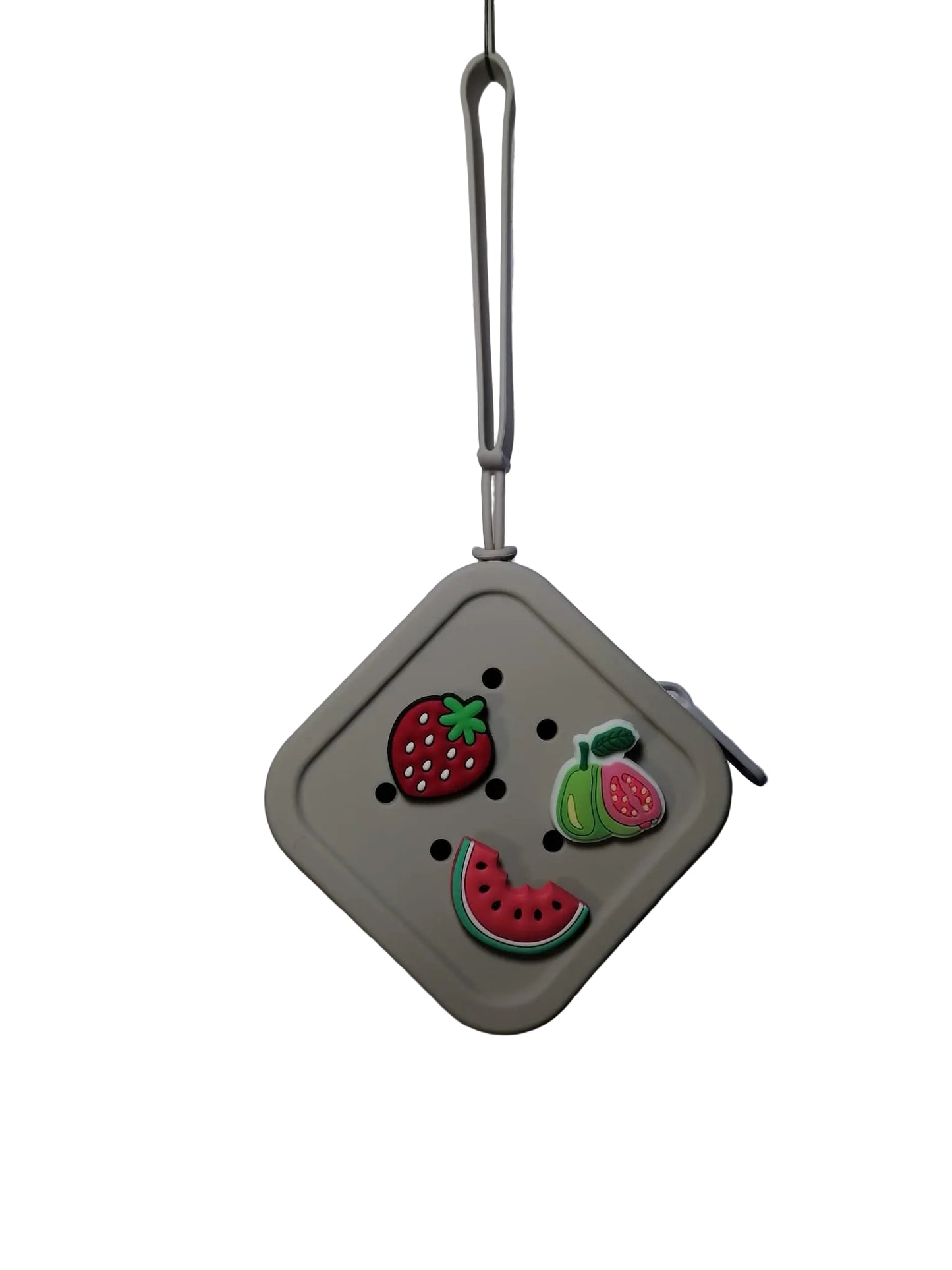 Square keychain with fruit designs on a white background