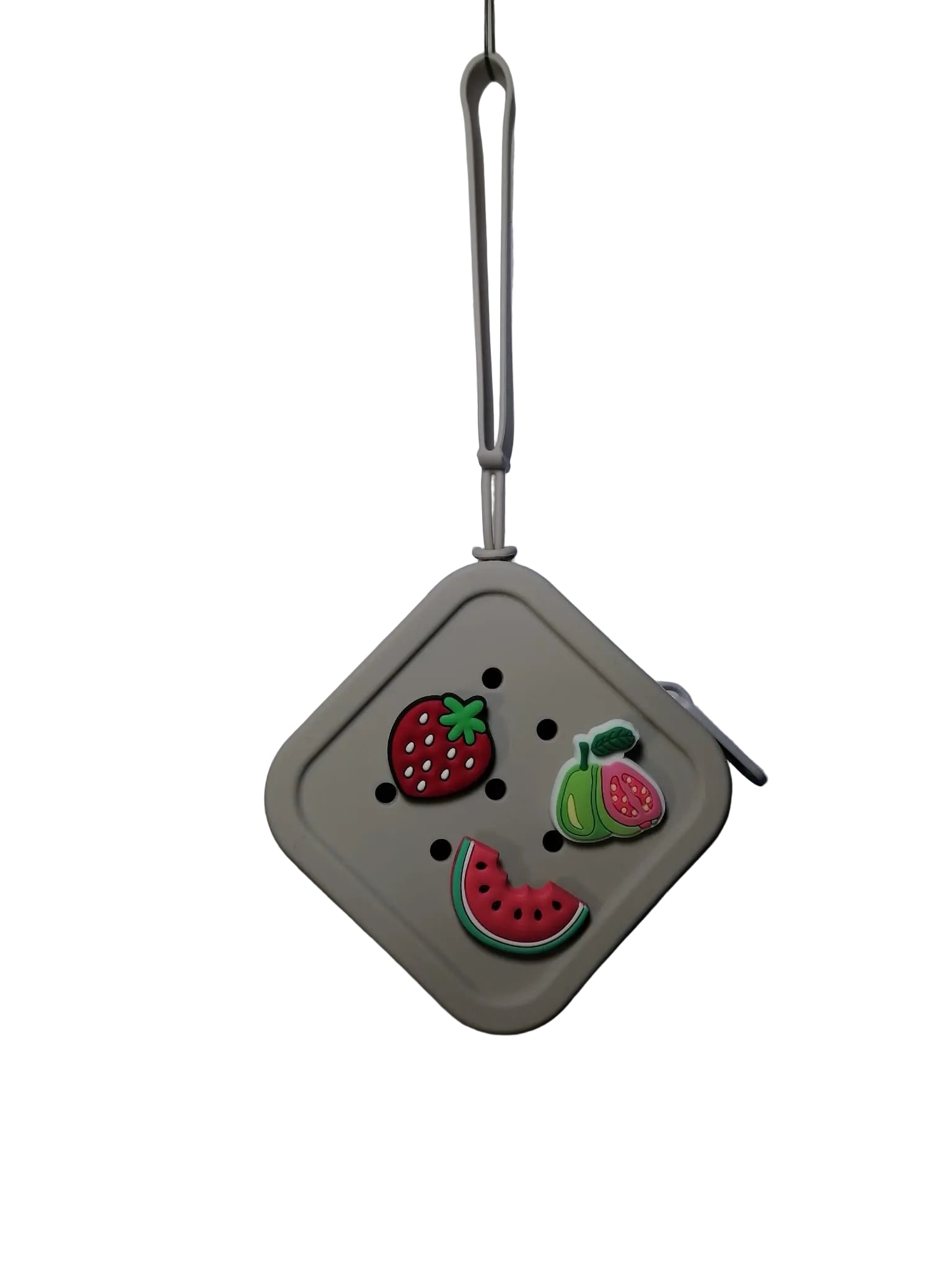 Square keychain with fruit designs on a white background