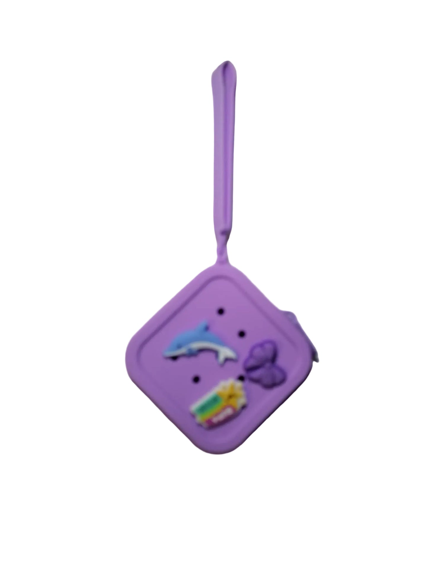 Purple case with cartoon characters on a white surface