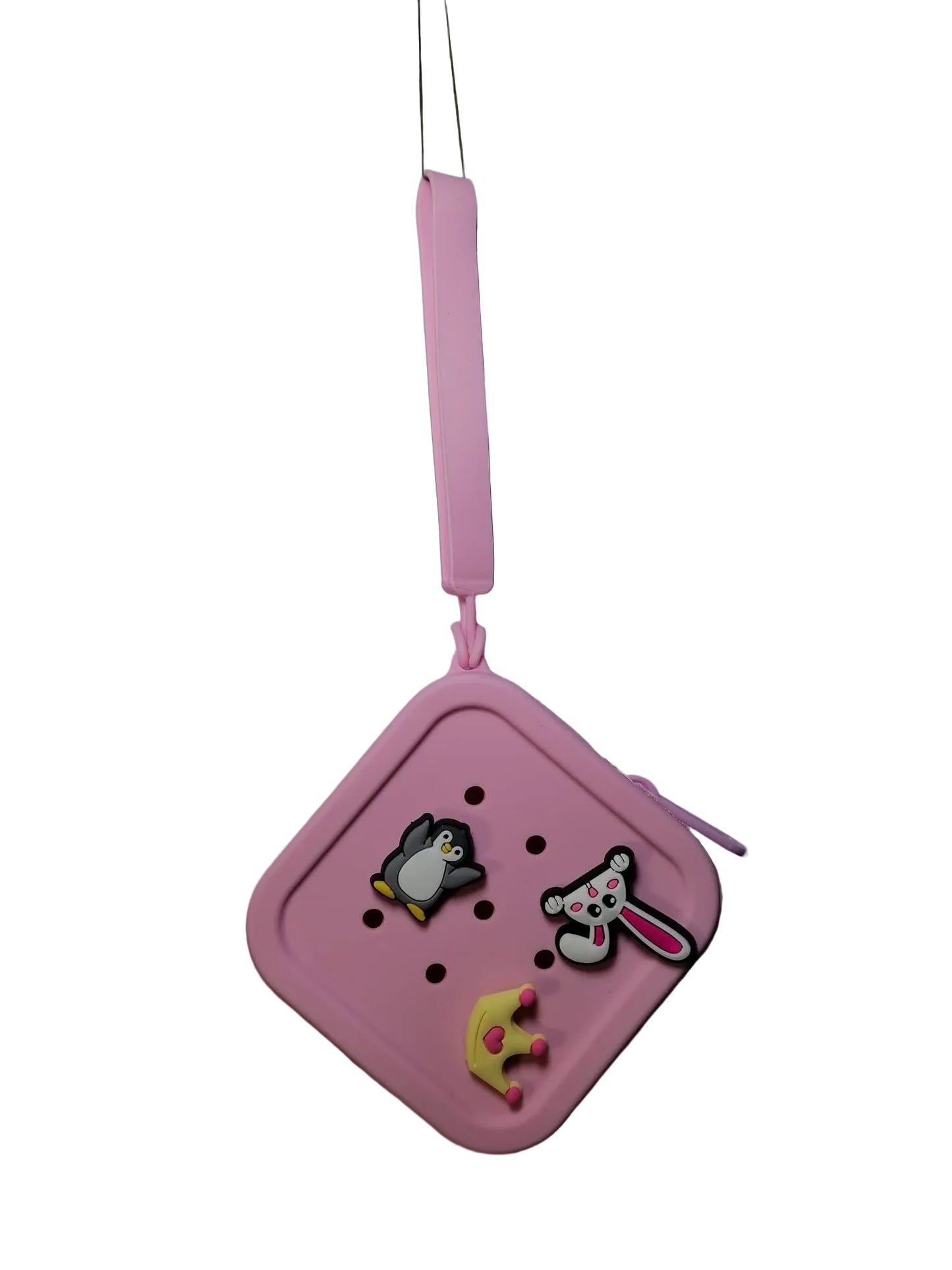 Pink square-shaped object with cartoon characters on a white background