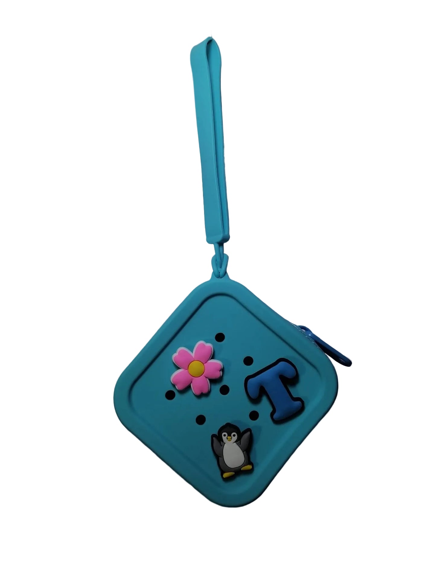 Blue children's coin purse with cartoon designs on a white background