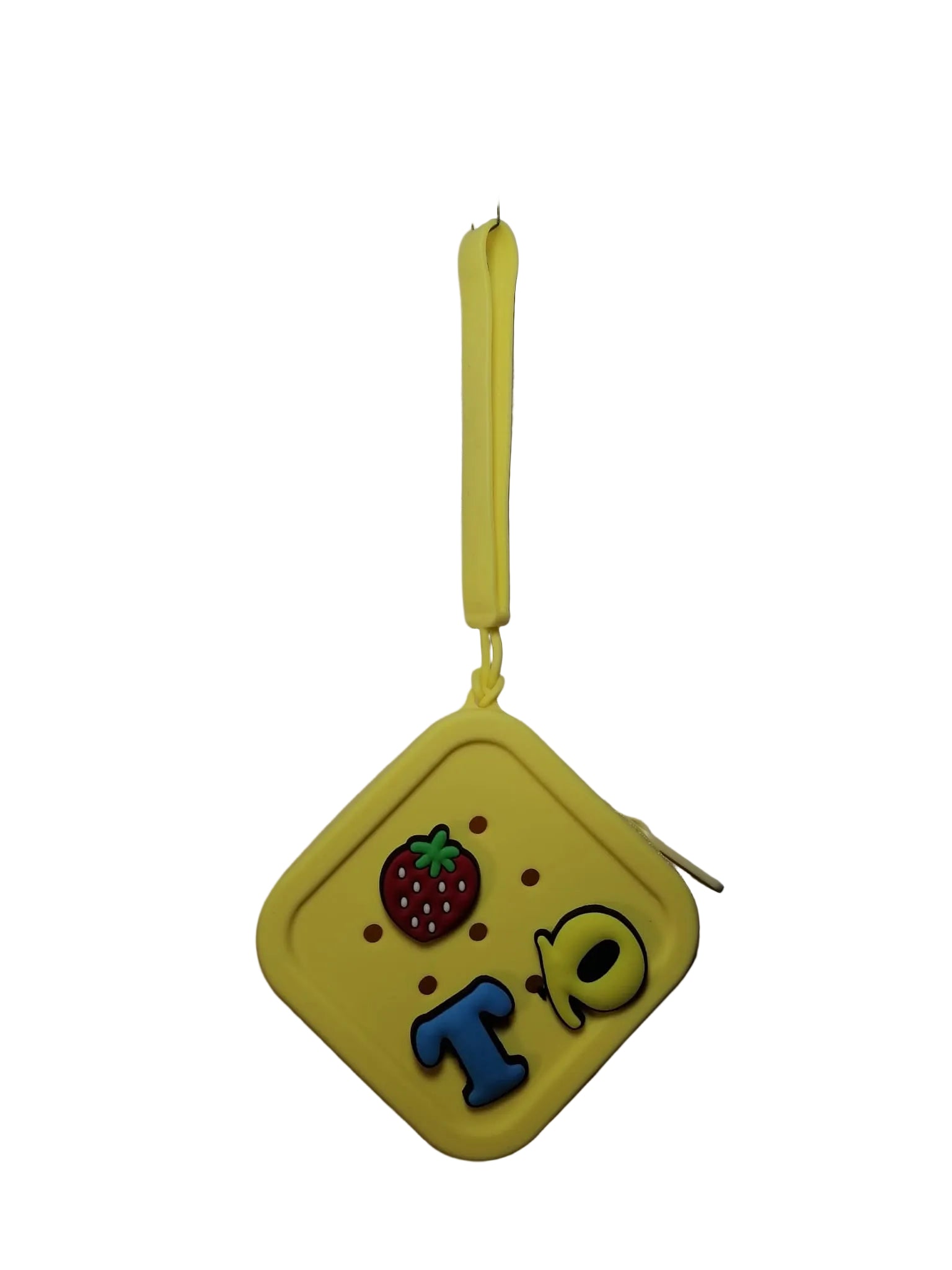Yellow children's pouch with strawberry and letter 'T' on a white background