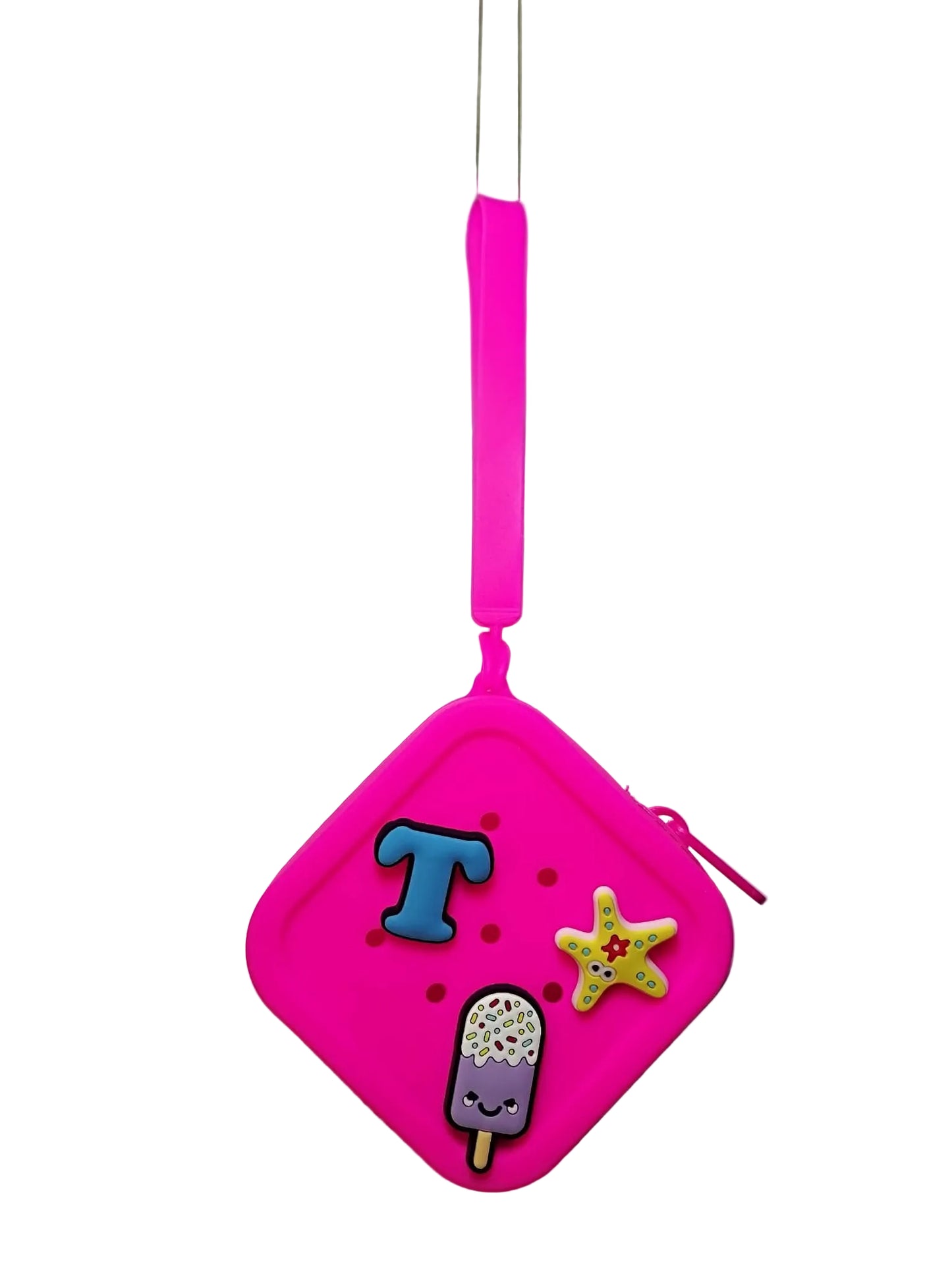 Pink pouch with decorative elements on a white background