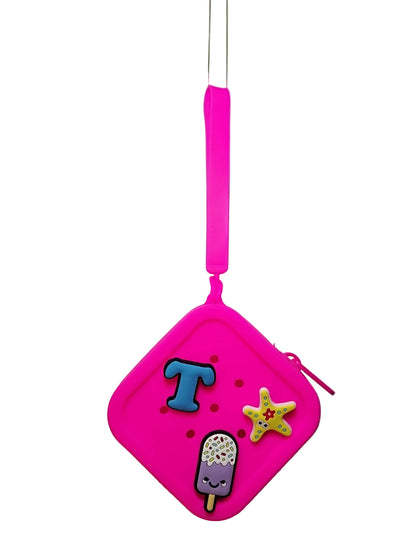 Pink pouch with decorative elements on a white background