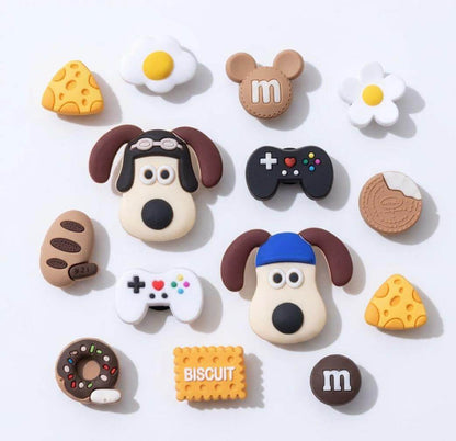 Collection of cute, cartoon-style character buttons on a white background